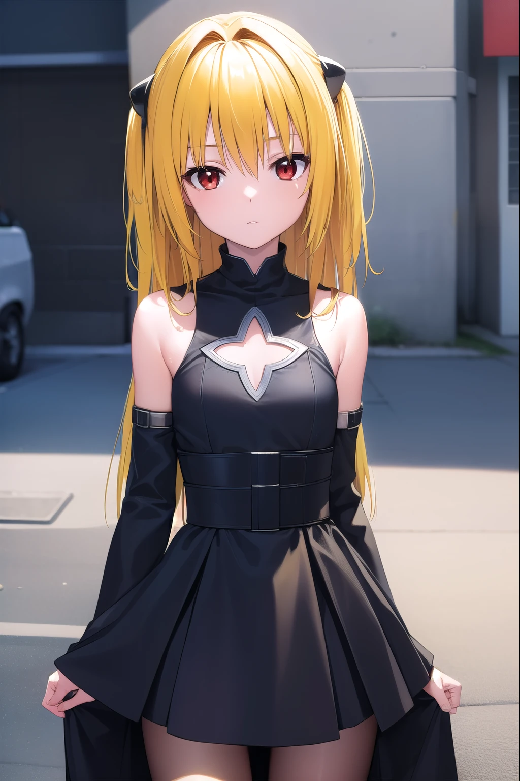 toloveruyami, yami, (yellow hair:1.5), long hair, (red eyes:1.5), hair ornament, (small chest:1.2), 
BREAK sleeveless, detached sleeves, dress, black dress, black skirt, clothing cutout, cleavage cutout,
BREAK outdoors, city,
BREAK looking at viewer, (cowboy shot:1.5),
BREAK (masterpiece:1.2), best quality, high resolution, unity 8k wallpaper, (illustration:0.8), (beautiful detailed eyes:1.6), extremely detailed face, perfect lighting, extremely detailed CG, (perfect hands, perfect anatomy),