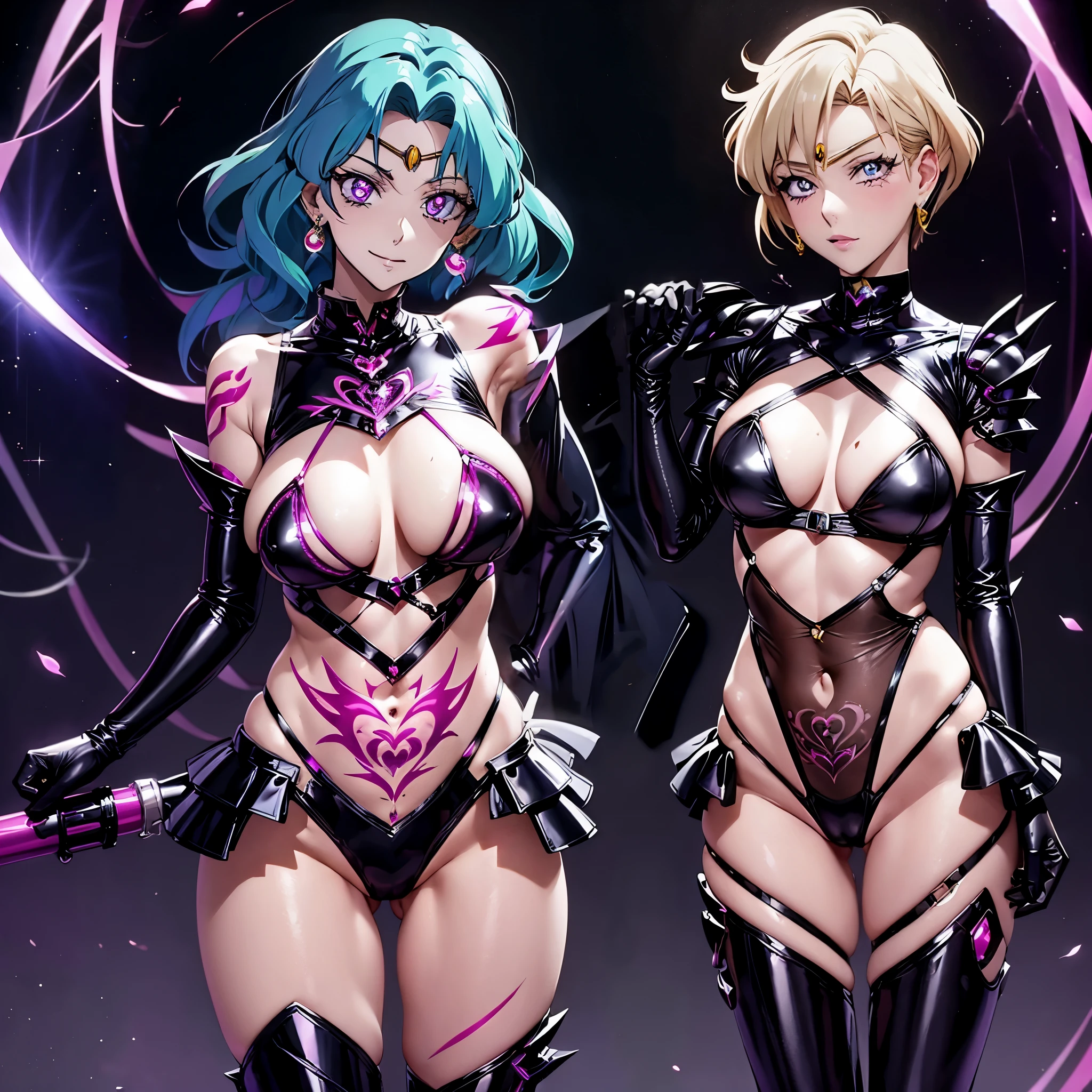 Sailor Neptune and Sailor Uranus. evil smile. dark costume. corruption. pink glow eye. blond hair.