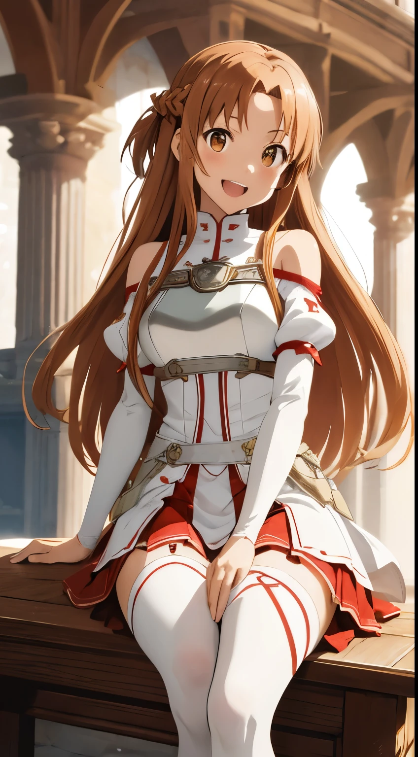 masterpiece, best quality, highres, aaasuna, long hair, brown hair, braid, brown eyes, bare shoulders, armor, breastplate, white sleeves, detached sleeves, red skirt, pleated skirt, white thighhighs, waving, smile, leaning forward, open mouth, town, fantasy