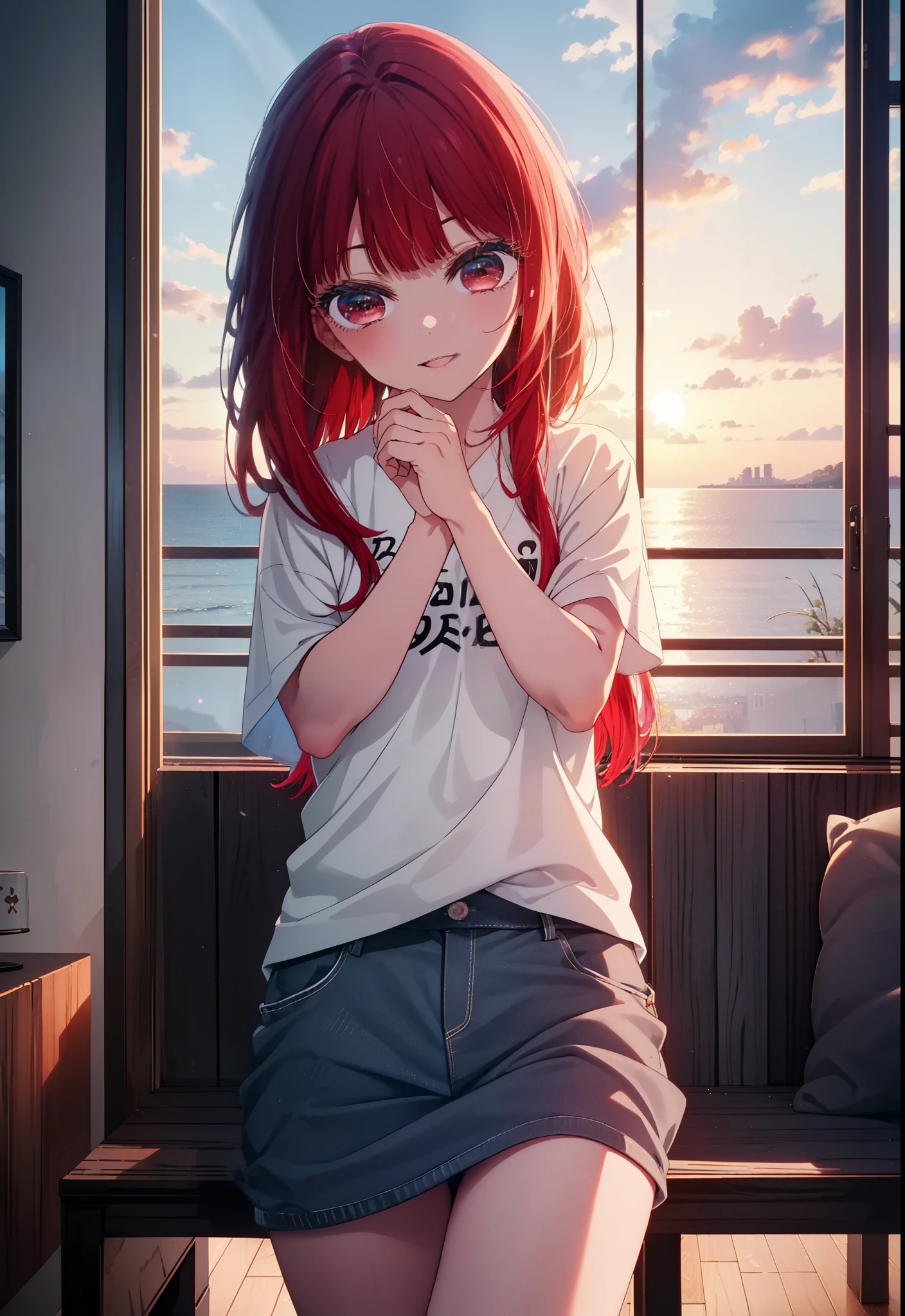 canary, Arima etc., long hair, bangs, (red eyes:1.3), redhead, happy smile, smile, open your mouth, oversized tシャツ, oversized clothes,black underwear,barefoot,morning,Room with sea view,the sun is rising,Sitting on the sofa with legs crossed,
break indoors, living,
break looking at viewer, (cowboy shot:1.5),
break (masterpiece:1.2), highest quality, High resolution, unity 8k wallpaper, (figure:0.8), (detailed and beautiful eyes:1.6), highly detailed face, perfect lighting, Very detailed CG, (perfect hands, perfect anatomy),