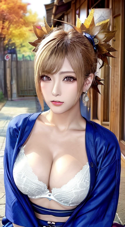 real image、8k、temari、masterpiece, disorganizedな , (intricate details), (colorful),very detailed, 1 girl, woman,blue kimono, sitting, outdoor, (Fallen leaves:1.3), autumn leaves, (autumn), sunlight, maple, parted lips,Wind, view viewer, Temari\(bolt\)、((big brleavage), clavicn costume)), blonde、fascinating look, looking at the viewer, Konoha Village, outdoor, daytime, (full body shot), (Extremely detailed, beautiful detailed face, masterpiece, beautiful detailed eyes, highest quality), huge breasts, ((魅惑的な笑face)), 超solution,4k,Super detailed, photo shoot, 8K, HDR, High resolution, (disorganized:1.2), kodak portrait 400, film grain, blurred background, (Bokeh:1.2), Lens flare, (lively_color:1.2),professional photos, (beautiful_face:1.5), ,(((cast 1.3))),(((Squeeze your elbows,My chest feels tight)))、lace bra