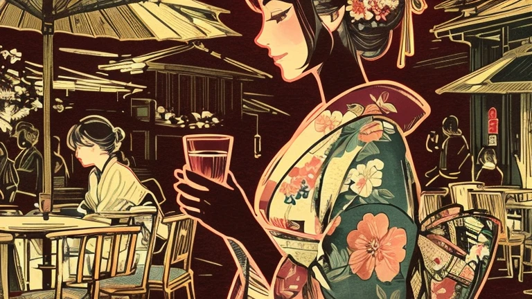 A woman in her fifties wearing a kimono holding a wine glass, In the art style of Ukiyo-e, Japanese art style, japanese illustrationレーター, elegant japanese woman, mysterious coffee shop girl, japanese illustration, japanese woodblock print style, Beautiful artwork illustration, japanese manga style, beautiful drawing style, wearing a kimono, highly detailed illustrations.」, in kimono