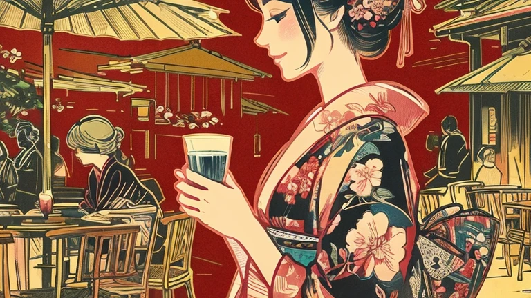 A woman in her fifties wearing a kimono holding a wine glass, In the art style of Ukiyo-e, Japanese art style, japanese illustrationレーター, elegant japanese woman, mysterious coffee shop girl, japanese illustration, japanese woodblock print style, Beautiful artwork illustration, japanese manga style, beautiful drawing style, wearing a kimono, highly detailed illustrations.」, in kimono
