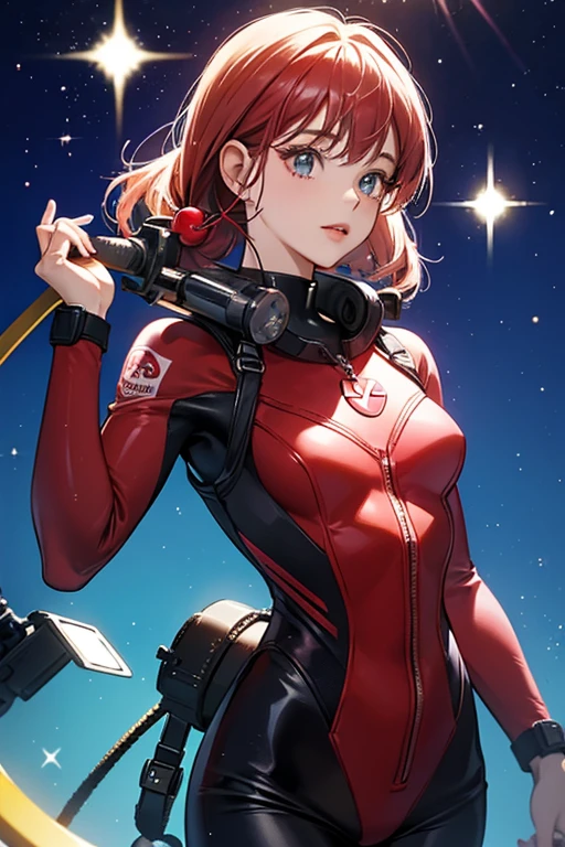 She has a Cherry as a head and looks as if she is wearing a diving suit. SPARKLE; GLITTER