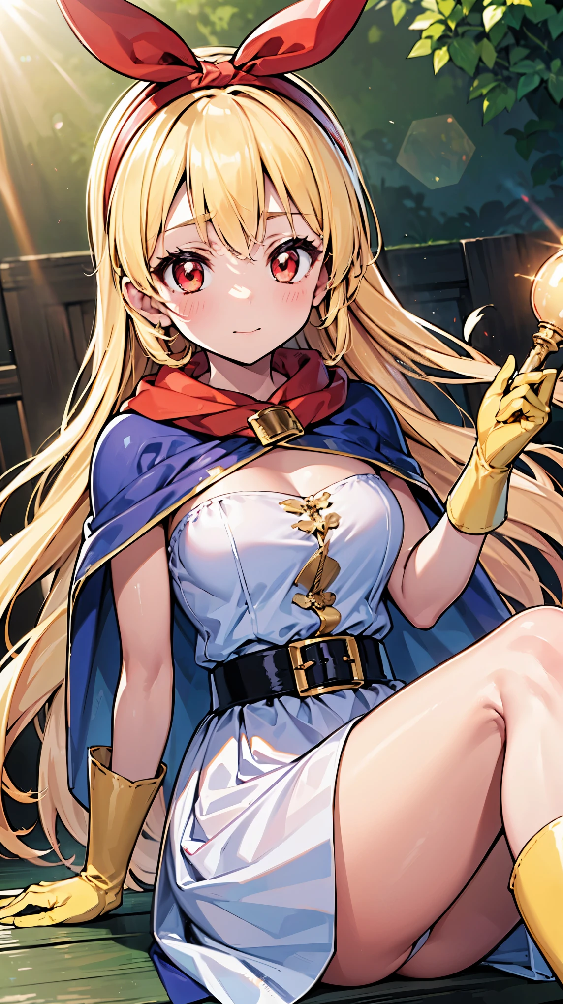 (RED Ribbon on HAIRband:1.2),(masterpiece, best quality, highly detailed, ultra detailed, high resolution, absurdres, 4K, 8K:1.2), upper body,red eyes, sage dq3, dragon quest3,1girl,holding staff, staff,circlet, realistic white microdress,light blue cape,yellow boots, yellow gloves,, Blonde hair,long hair, {big eyes},{floating},cave,[[Dutch angle]],looking at viewer,[[upper body]],lens flare,steam,bokeh, best quality, amazing quality, very aesthetic, absurdres, best quality, amazing quality, very aesthetic, absurdres,{{{elaborate, intricate,fantastic,