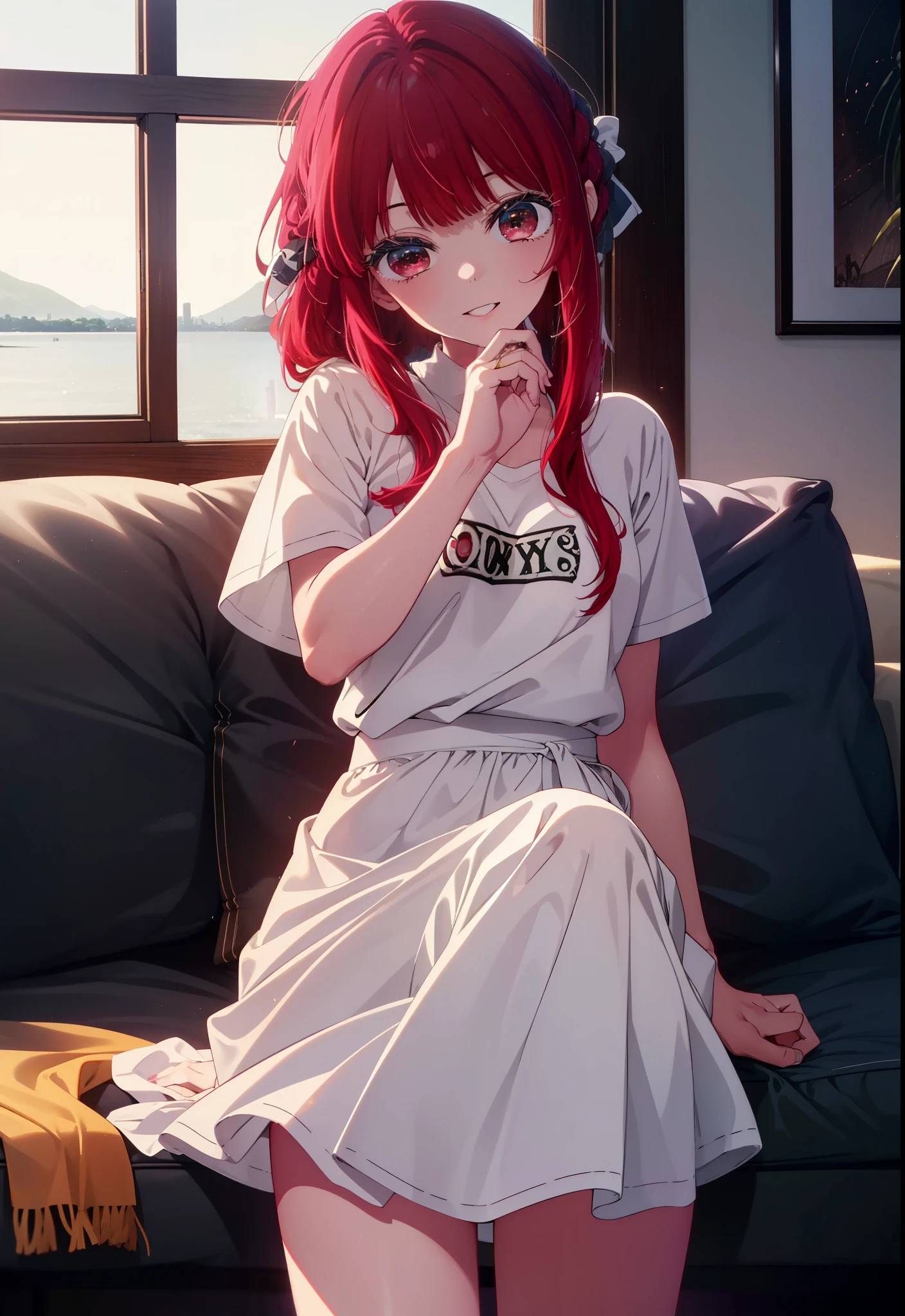 canary, Arima etc., long hair, bangs, (red eyes:1.3), redhead, happy smile, smile, open your mouth, oversized tシャツ, oversized clothes,black underwear,barefoot,morning,Room with sea view,the sun is rising,Sitting on the sofa with legs crossed,
break indoors, living,
break looking at viewer, (cowboy shot:1.5),
break (masterpiece:1.2), highest quality, High resolution, unity 8k wallpaper, (figure:0.8), (detailed and beautiful eyes:1.6), highly detailed face, perfect lighting, Very detailed CG, (perfect hands, perfect anatomy),