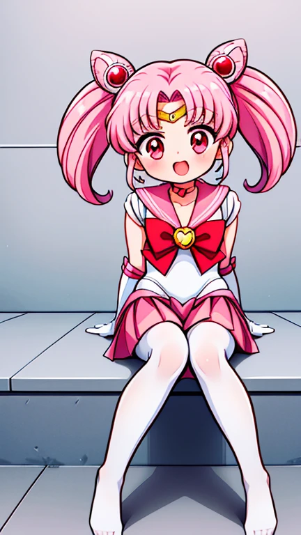 Sailor Moon,young年,Seven years old,cute,(Little ),Pink hair twintails,short hair,Sailor Suit,Red bow,White elbow gloves,Red Skirt,No shoes,Open your mouth,laughing out loud,Fangs,(White pantyhose),soles of feet,Soles,(young),(little man),sit