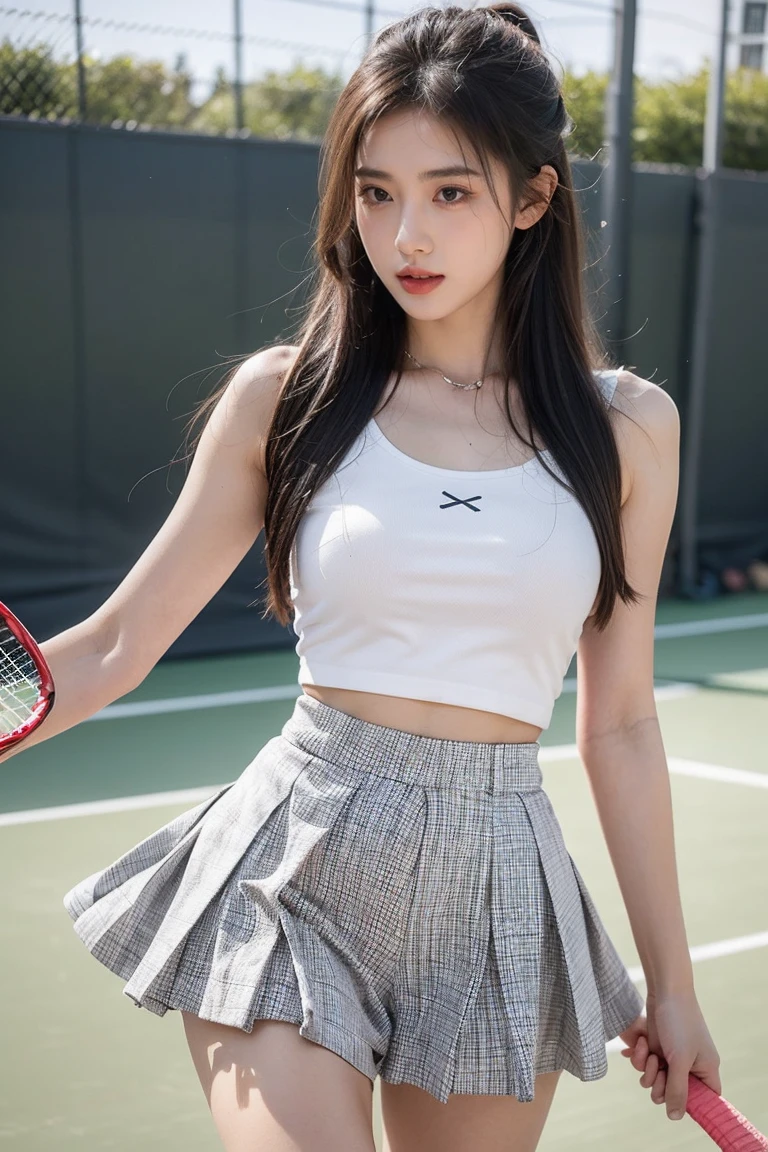 white polo shirt, (1girl, solo), white sneakers, tennis wear, white miniskirt, masterpiece, top quality, realistic, hyper-detailed, (glossy skin, sweaty: 1.4), absurdity, looking at viewer, short twintails, black hair, top quality ), (blue sky, tennis court),without clothing, ((chain ribbon, iron-colored chain), viewer's eye, dynamic, bird's eye view, low angle, long hair, black eyes , see-through underwear, anger, screaming, agony, glowing eyes, sweat) ), simple background, full screen of chains, chained, ((arms up, behind head)), bondage, low angle , BDSM, Chained, Perfect figure, Bust