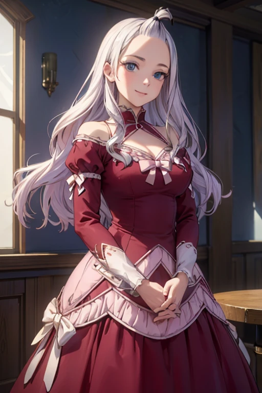 (best quality, 4k, 8k, highres, masterpiece:1.2), ultra-detailed, realistic, photorealistic:1.37, Mirajane Strauss, beautiful smile, sensual red dress