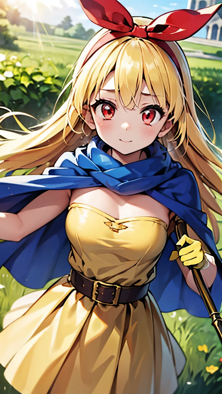 (RED Ribbon on HAIRband:1.2),(masterpiece, best quality, highly detailed, ultra detailed, high resolution, absurdres, 4K, 8K:1.2), upper body,red eyes, sage dq3, dragon quest3,1girl,holding staff, staff,circlet, realistic white microdress,light blue cape,yellow boots, yellow gloves,, Blonde hair,long hair, {big eyes},{floating},cave,[[Dutch angle]],looking at viewer,[[upper body]],lens flare,steam,bokeh, best quality, amazing quality, very aesthetic, absurdres, best quality, amazing quality, very aesthetic, absurdres,{{{elaborate, intricate,fantastic,