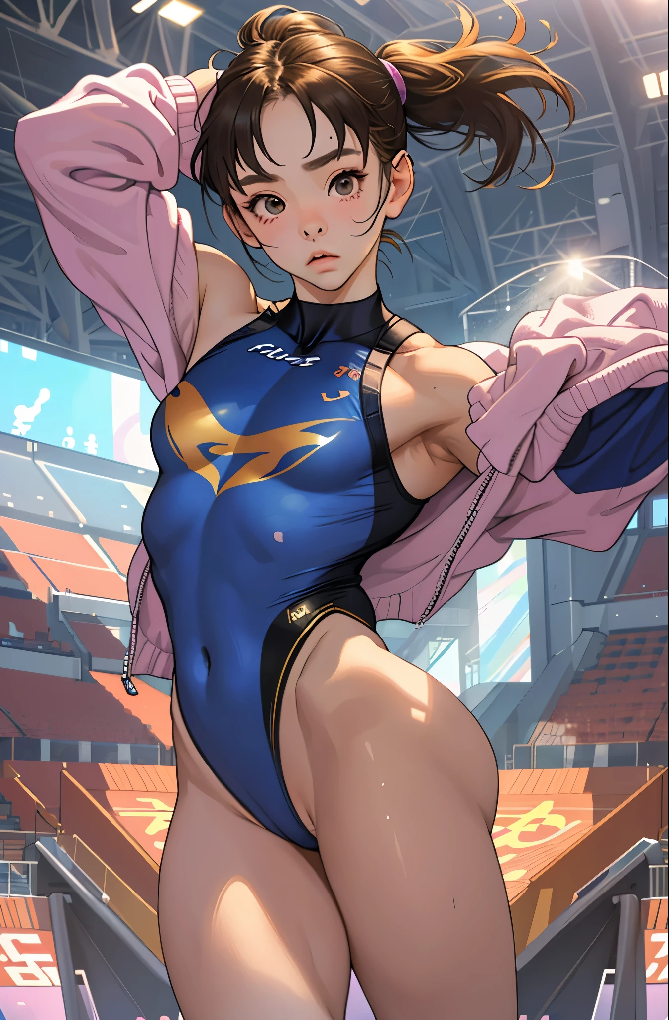 Realistic， girl.wearing a leotard，gymnast，gymnastics arena，笑face，face，skin realism