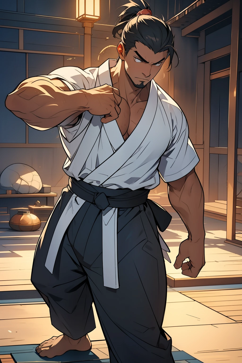 I present to you a Dojo from the Taisho era with a masculine man in a traditional Japanese martial arts uniform. The man, with a stubble beard and deep-set, thick eyebrows, focuses intently on his training. His chest is broad and defined, his muscles bulging beneath his fitted workout attire. His eyes, ultra-detailed and expressive, convey a fierce determination. The Dojo's background is depicted in 3dmm style with best quality resolution, showcasing the intricate details of the wooden floor and training equipment. The man, wearing a belted gi and obi, stands with perfect posture, his back straight and his hands poised in a ready stance. This