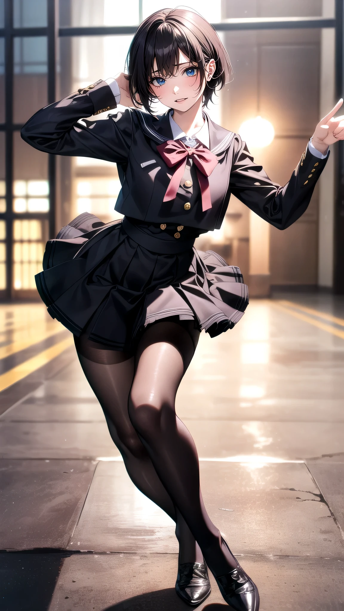 full body,high school girl,black pantyhose,(random place),(random dance pose),(Highest image quality, (8K), Ultra-realistic, Best Quality, High quality, High Definition, high quality texture, high detailing, Beautiful detailed, fine detailed, extremely details CG, Detailed texture, realistic representation of face, masterpiece, presence, Dynamic, Bold)