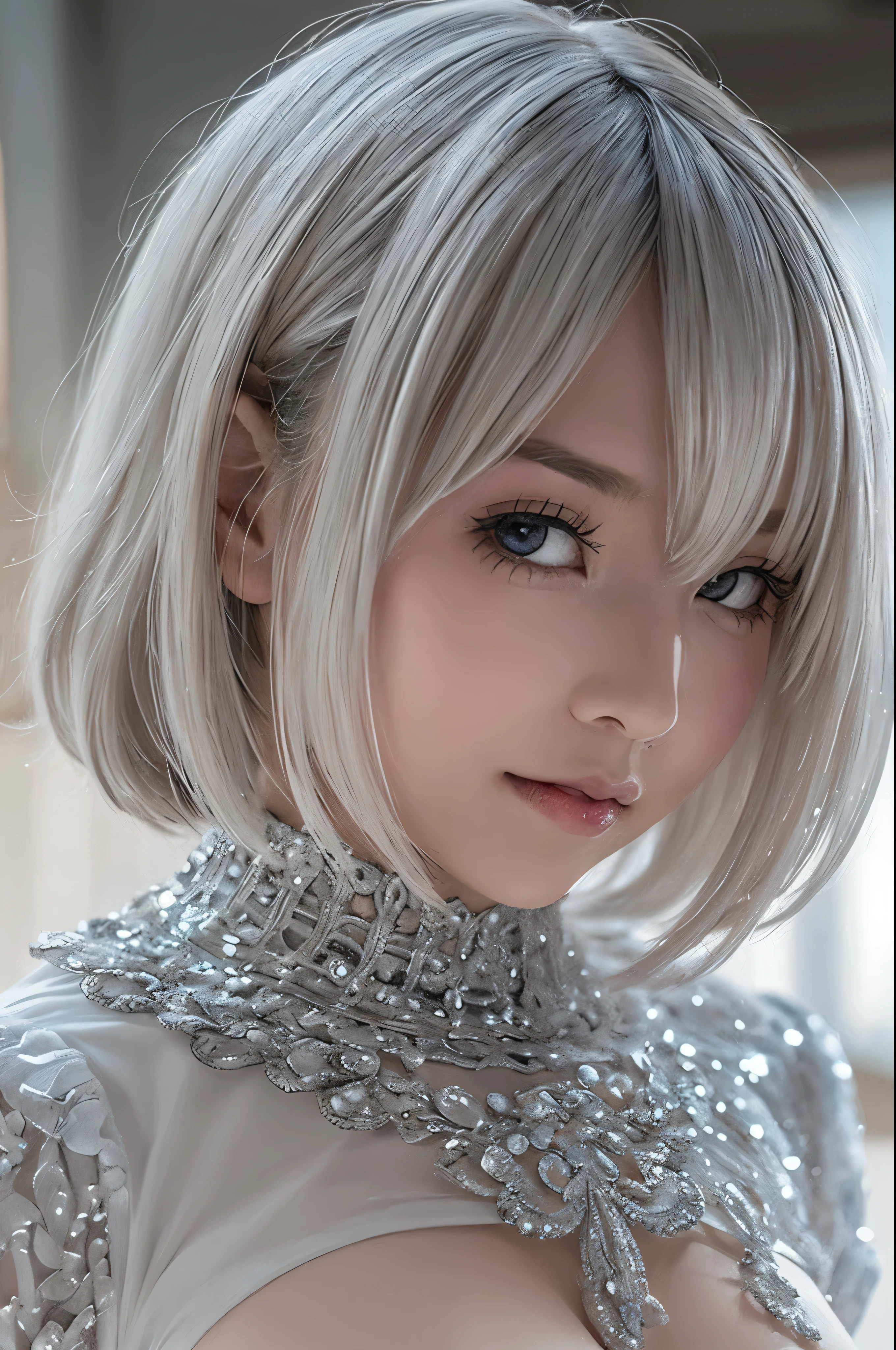 ((high quality)),table top,(Detailed depiction of local details:1.2),1 Japanese girl,(plump breasts:1.3),Enchanted Valley,closed mouth,eyelash,looking at the viewer,portrait,alone,Upper body,gray hair,white theme,short hair,silver hair,Yoruhano. 2 Type B,