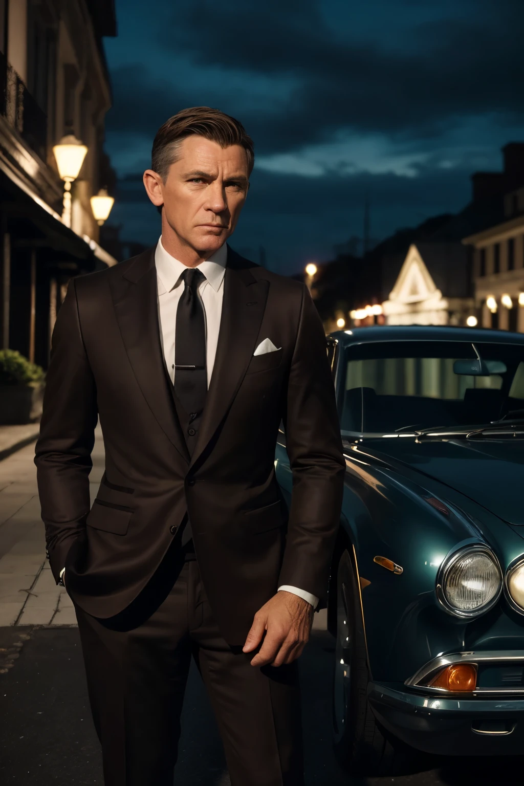 todo el cuerpo, Retrato de primer plano gran angular de james bond , Alto y en forma, (40 years:1.1), (afeitado:1.2) , (short brown hair:1.2),(Pelo corto:1.3). Tight dark brown velvet suit, (La chaqueta tiene estampados de flores negras.:1.2). (posing outside the mansion with a luxury car:1.1), Busy street with cafes in the distance., Cold and dark evening at dusk, (luz de borde:1.1),(Concentrez-vous sur les yeux), (mirada enojada), (luz dura en la piel:1.2), (ombres dures, Dark theme, Contraste profond:1.1), (portrait photography by Annie Liebovitz), Dark Mint Theme and Coral Aesthetic., (imperfecciones de la piel)