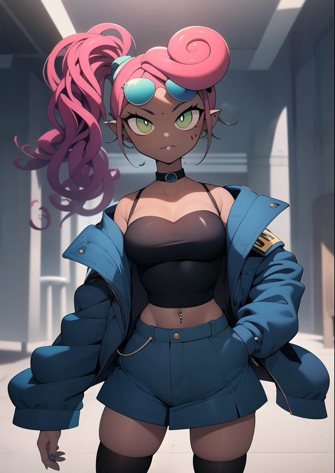 mmylnglgs, masterpiece, best quality, tomboy, midriff, thighhighs, (dark skin), choker, (blue jacket), sunglasses on forehead, ahoge, piercings, toned, short brown hair