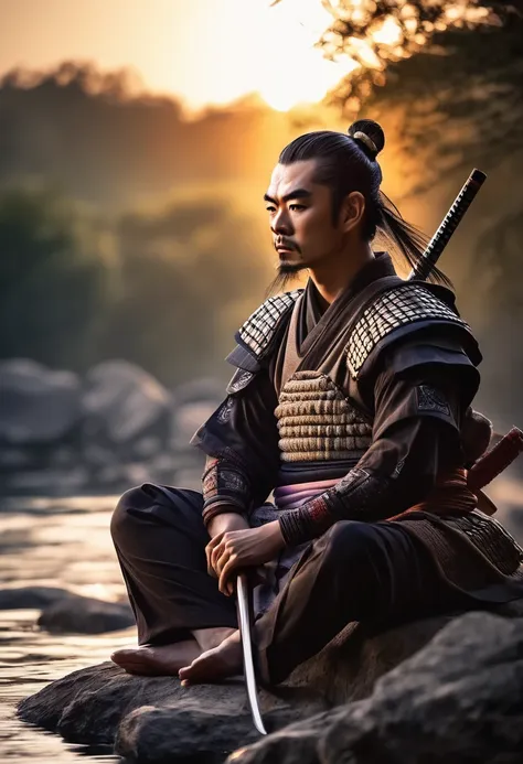 beautiful samurai, meditating sitting, on the edge of a river full of stones, at sunset, ultra realistic photo, perfect face det...