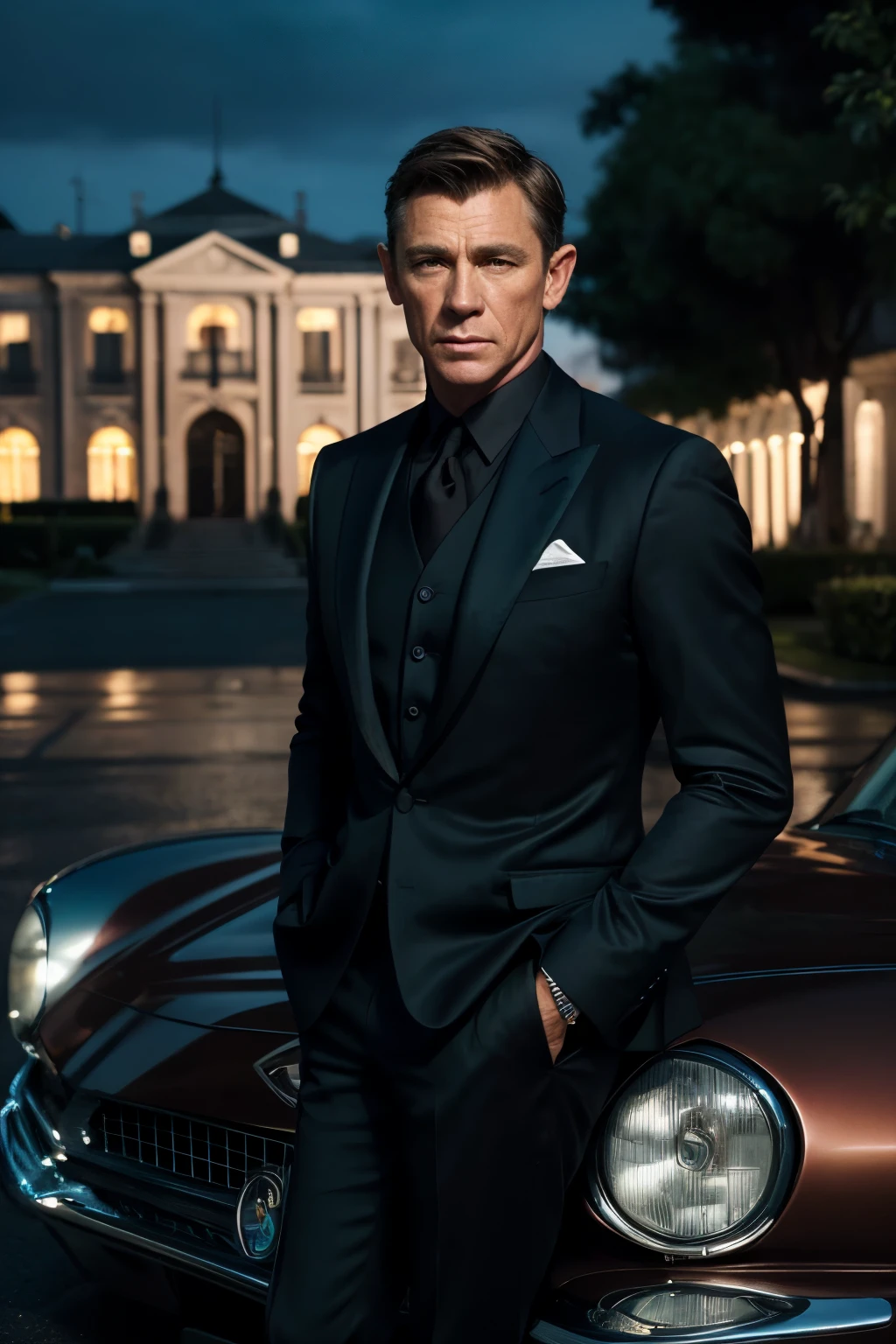todo el cuerpo, Retrato de primer plano gran angular de james bond , Alto y en forma, (40 years:1.1), (afeitado:1.2) , (short brown hair:1.2),(Pelo corto:1.3). Tight dark brown velvet suit, (La chaqueta tiene estampados de flores negras.:1.2). (posing outside the mansion with a luxury car:1.1), Busy street with cafes in the distance., Cold and dark evening at dusk, (luz de borde:1.1),(Concentrez-vous sur les yeux), (mirada enojada), (luz dura en la piel:1.2), (ombres dures, Dark theme, Contraste profond:1.1), (portrait photography by Annie Liebovitz), Dark Mint Theme and Coral Aesthetic., (imperfecciones de la piel)
