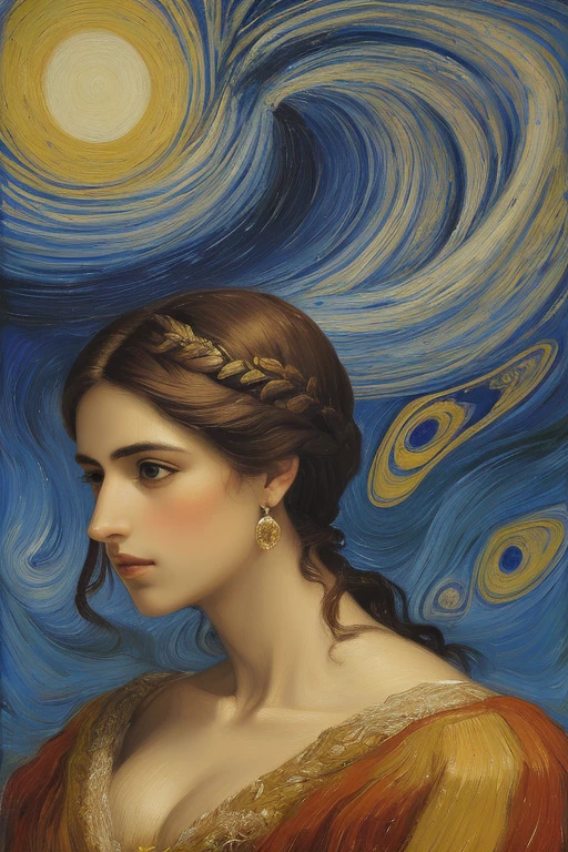 a painting of a woman with stars in her hair, by Edward Robert Hughes, by Nikolai Ge, by Gaetano Previati, stars in her gazing eyes, by Józef Mehoffer, portrait of a cosmic goddess, by Carlos Schwabe, edward hughes, by Jan Zrzavý, by Jean Delville