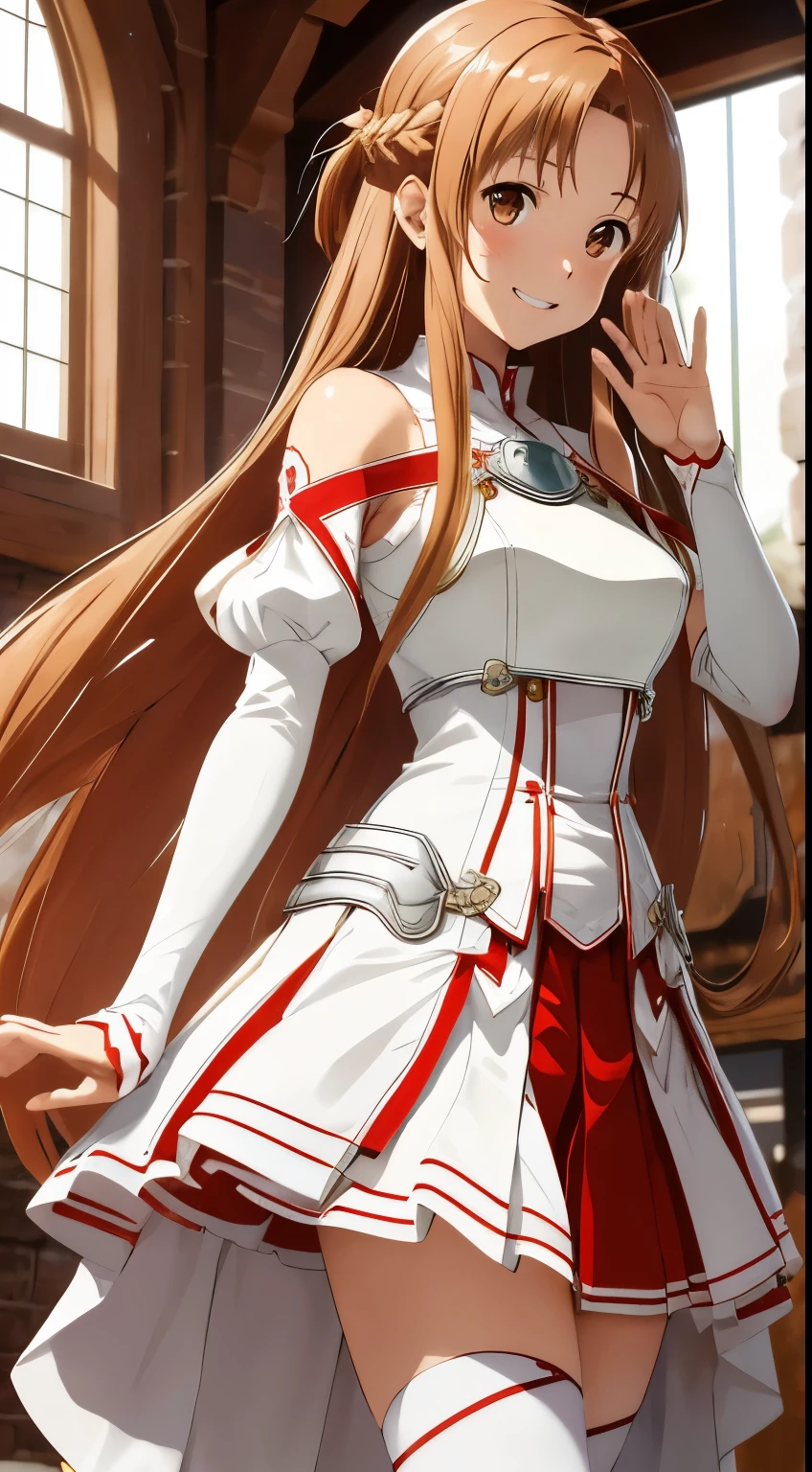 masterpiece, best quality, highres, aaasuna, long hair, brown hair, braid, brown eyes, bare shoulders, armor, breastplate, white sleeves, detached sleeves, red skirt, pleated skirt, white thighhighs, waving, smile, leaning forward, open mouth, town, fantasy