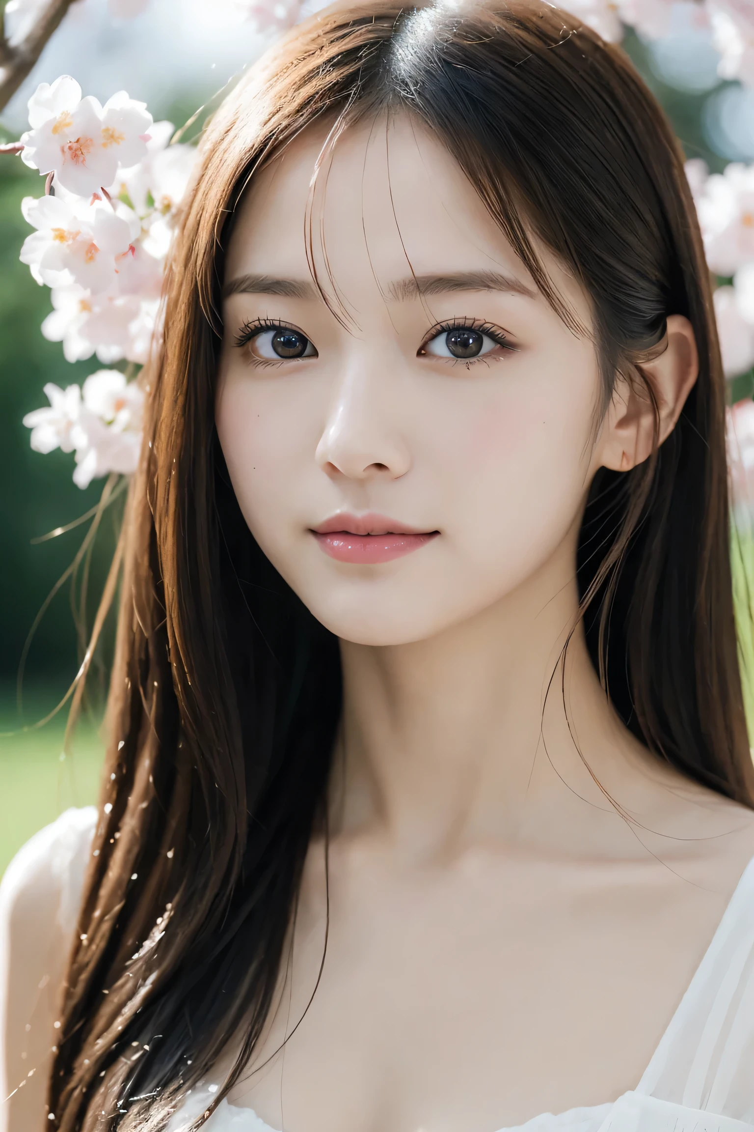 full body portrait　One Japanese woman　Commemorative photo　beautiful glowing skin　　(Stunningly detailed image quality:1.5). (Very perfect, detailed and beautiful eyes:1.3). (Amazingly very realistic and high quality eyes:1.3) (Extremely high definition and high quality eyes)  ((very sharp focus:1.3))  social person　very refreshing　Very refreshing feeling　Chaste　　  (Raw photo, highest quality,realistic, Photoreal,very delicate and beautiful,very detailed, finely,Super detailed, High resolution:1.3), Japanese, woman, (22 years old), viewer&#39;point of view, Amazingly beautiful and shiny straight medium-long hair, see through bang, gentle smile　Japanese idol face　viewer&#39;point of view　 Draw poses and angles randomly,  (cute:1.3) The background is cherry blossoms　sense of depth　Front blur