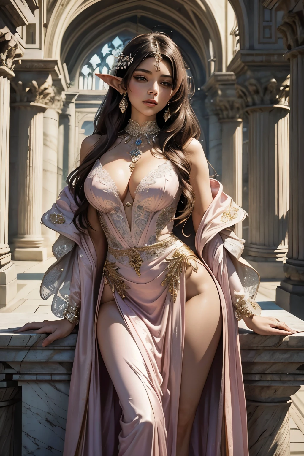 Masterpiece, digital artwork of a gorgeous, beautiful brunette elf woman, dressed in a pink satin gown with intricately designed waist chains, gracefully posing inside a majestic, marble palatial courtyard. The artwork exhibits the exquisite style of Makato Shinkai, showcasing ultra-fine details, such as the shimmering fabric of the dress, the delicate texture of the woman's curvy figure, and the meticulous patterns etched into the marble walls. The illusion of depth is illustrated through the precise shading and fine textures, creating a breathtaking, ethereal atmosphere. The woman's expressive, captivating eyes capture your attention,