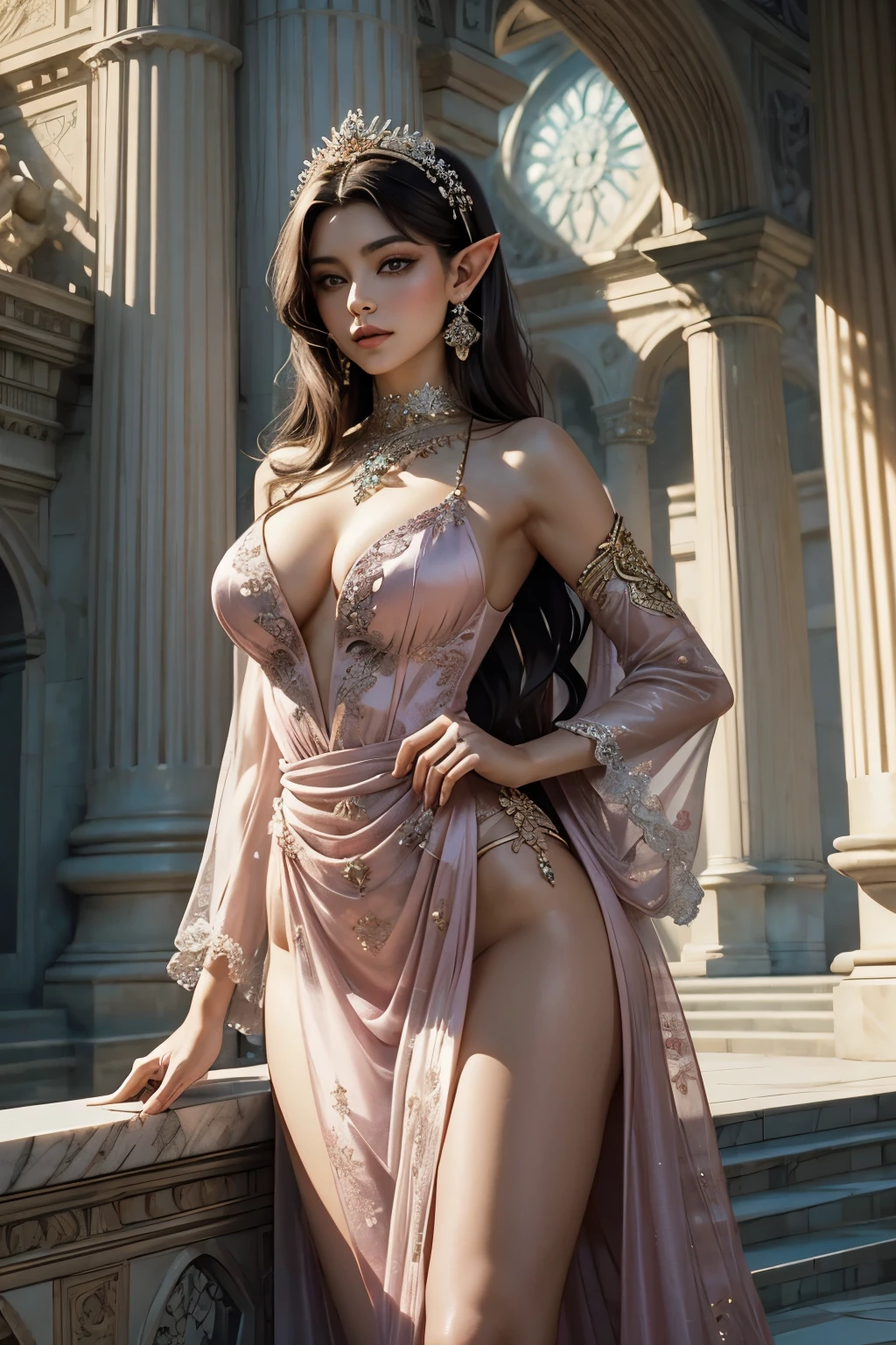 Masterpiece, digital artwork of a gorgeous, beautiful brunette elf woman, dressed in a pink satin gown with intricately designed waist chains, gracefully posing inside a majestic, marble palatial courtyard. The artwork exhibits the exquisite style of Makato Shinkai, showcasing ultra-fine details, such as the shimmering fabric of the dress, the delicate texture of the woman's curvy figure, and the meticulous patterns etched into the marble walls. The illusion of depth is illustrated through the precise shading and fine textures, creating a breathtaking, ethereal atmosphere. The woman's expressive, captivating eyes capture your attention,