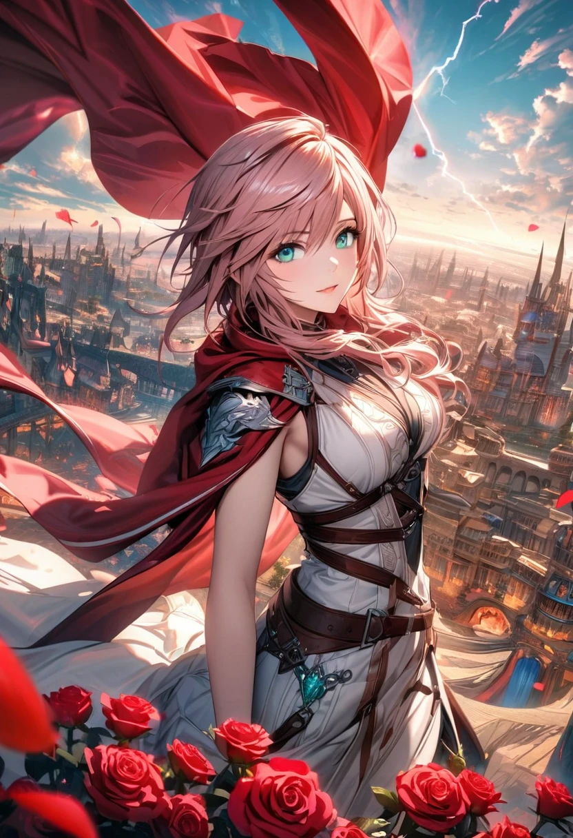 Ultra detailed, highres, absurdres, HDR, Claire Farron, wavy rose pink short hair, aqua pale eyes, Final Fantasy, Lightning Farron, 1 woman only, extremely beautiful, magical city, white clothes, red cape, feathers and red petals