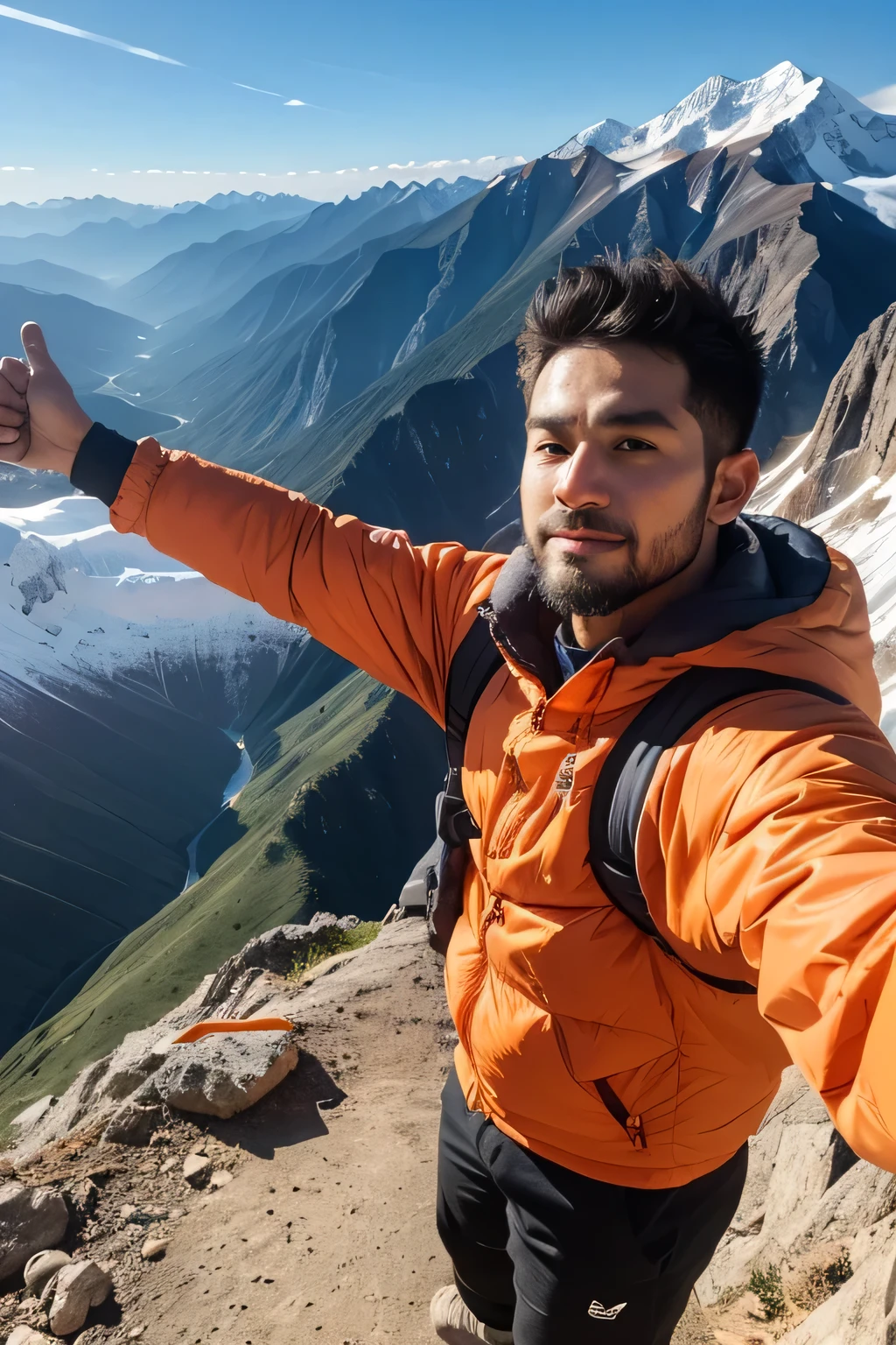 A year-old strong man,Selfie on a Himalayan peak,face clear,Ultra-clear graphics,Ten fingers are clearly visible