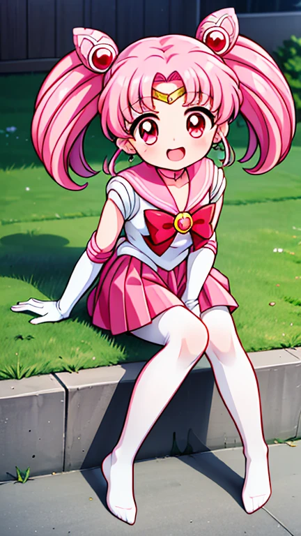 sailor moon,childhood,Young,Seven years old,Cute little loli,Pink hair twintails,short hair,red eyes,Sailor suit,bow tie,White elbow gloves,red skirt,no shoes,Open your mouth,laughing out loud,white pantyhose,sitting,short legs