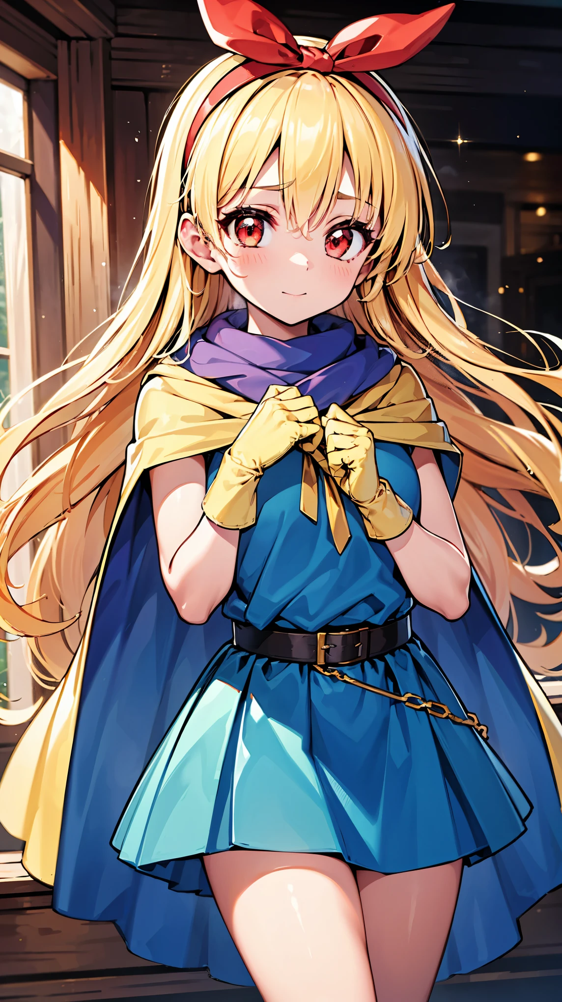 (RED Ribbon on HAIRband:1.2),(masterpiece, best quality, highly detailed, ultra detailed, high resolution, absurdres, 4K, 8K:1.2), upper body,red eyes, sage dq3, dragon quest3,1girl,holding staff, staff,circlet, realistic white microdress,light blue cape,yellow boots, yellow gloves,, Blonde hair,long hair, {big eyes},{floating},cave,[[Dutch angle]],looking at viewer,[[upper body]],lens flare,steam,bokeh, best quality, amazing quality, very aesthetic, absurdres, best quality, amazing quality, very aesthetic, absurdres,{{{elaborate, intricate,fantastic,