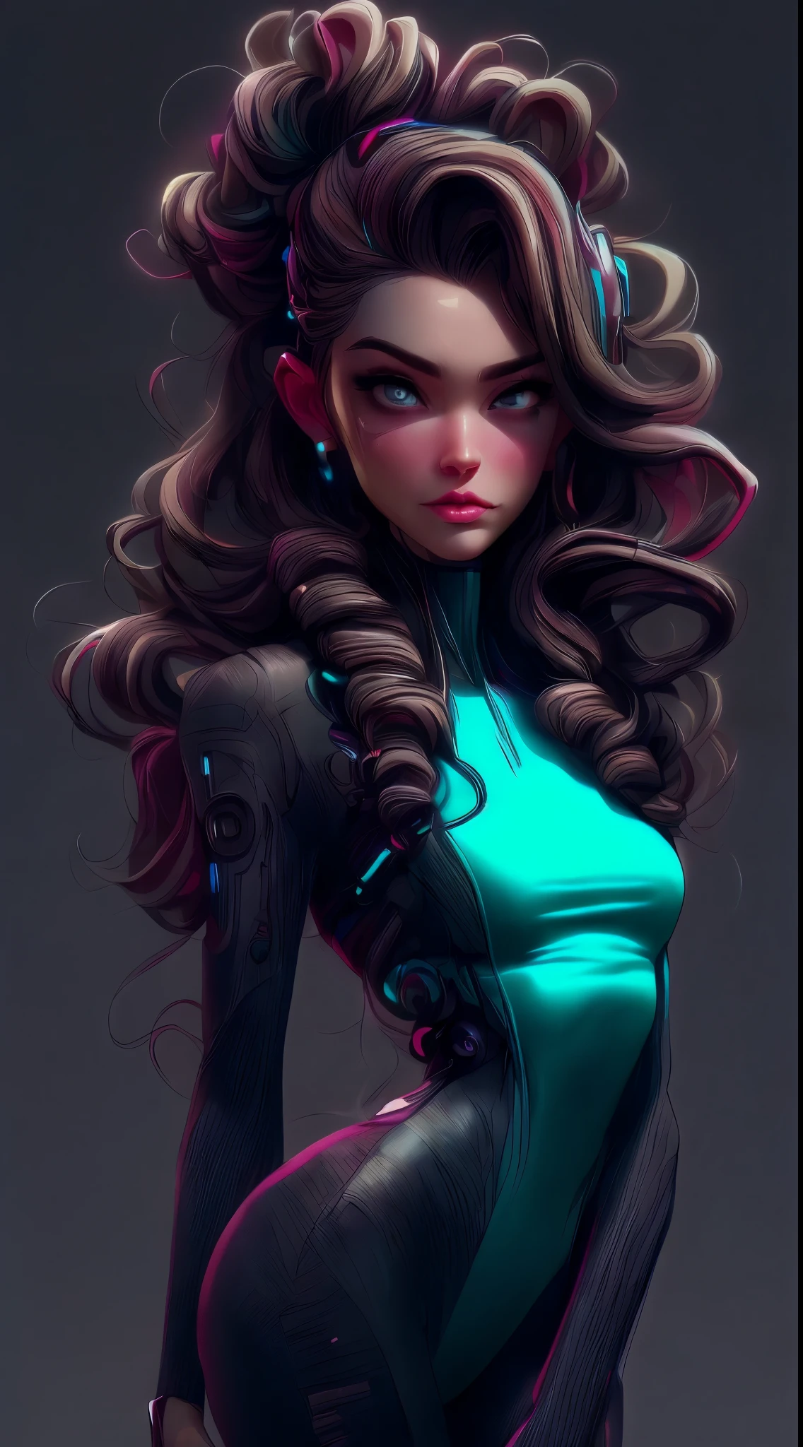 ((Long shot: 1.4, dynamic pose: 1.4)), (( young woman alone, oriental features: 1.6)), (( beautiful, sensual and self-confident: 1.5)), (( light brown and shiny eyes, hair afro:1.5)), ((ultra detailed:1.5)), sensual smile, beautiful full and shiny lips, with tattoo on arm and cheek, handsome hairstyle:1.2, cyberpunk, cyberpunk handsome, dreamy, ((beautiful and detailed hair, soft and bright:1.3)), dark atmosphere, cyberpunk clothing, ultra-realistic 8k, cyberpunk 20 years. a model child, The portrait, highly detailed 32k digital art, Beautiful digital artwork, Cyborg Cyberpunk. ((colors, cyan, greens, pink, brown: 1.2)), 8k realistic digital art, soft neon lighting on the face and body, ((highly detailed: 1.4), ((masterpiece)), (hyper detailed and beautiful: 1.3), (Photorealistic: 1.4)