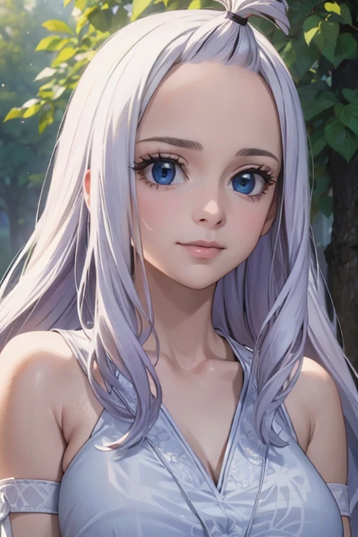 ultra realistic 8k cg, masterpiece, ((ultra detailed background, delicate pattern, intricate detail)), (highly detailed, fine details), best quality, 1girl, (photorealistic:1.4),beautiful lighting, absurdres, RAW photo, film grain,  Mirajane Strauss with a beautiful smile and dark blue eyes at a picnic wearing a simple white dress 