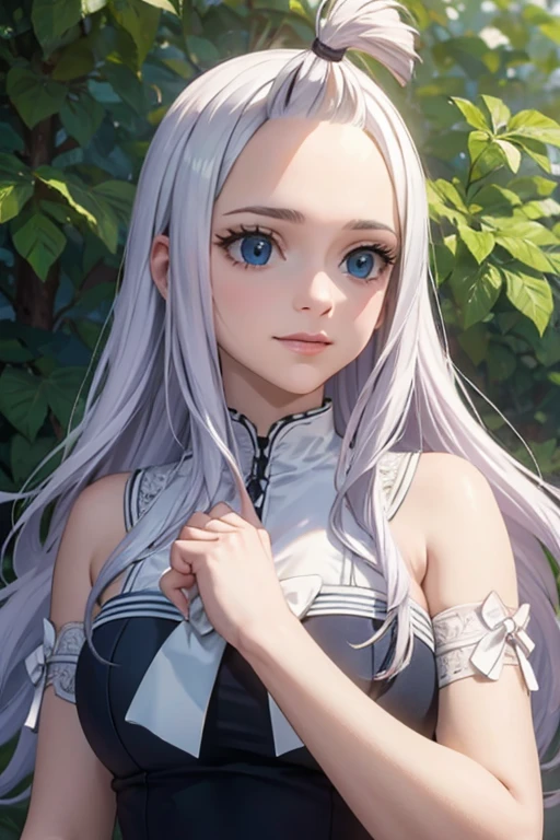 ultra realistic 8k cg, masterpiece, ((ultra detailed background, delicate pattern, intricate detail)), (highly detailed, fine details), best quality, 1girl, (photorealistic:1.4),beautiful lighting, absurdres, RAW photo, film grain, Mirajane Strauss with a beautiful smile and dark blue eyes at a picnic wearing a simple white dress