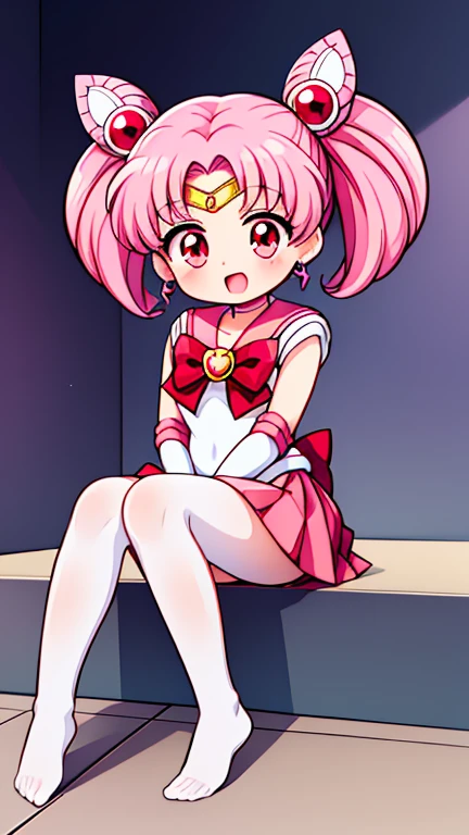 sailor moon,childhood,Young,Seven years old,Cute little ,Pink hair twintails,short hair,red eyes,Sailor suit,bow tie,White elbow gloves,red skirt,no shoes,Open your mouth,laughing out loud,white pantyhose,sitting,short legs