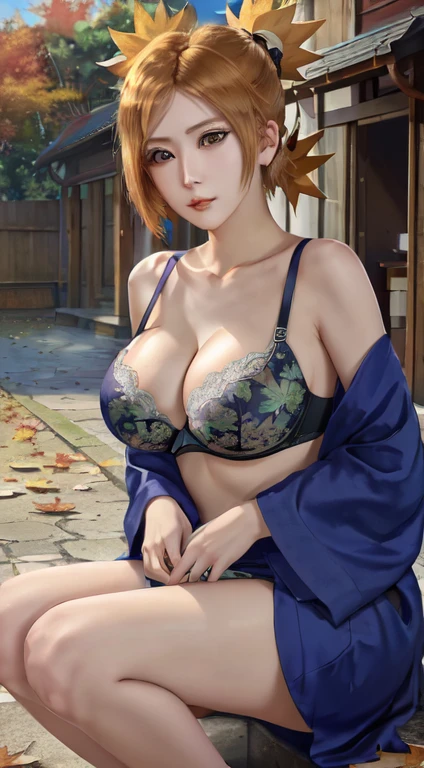 real image、8k、temari、masterpiece, (intricate details), (colorful),very detailed, 1 girl, mature woman,blue kimono, sitting, outdoor, (Fallen leaves:1.3), autumn leaves, (autumn), sunlight, maple, parted lips,Wind, view viewer, Temari\(bolt\)、((big breasts)), (cleavage), clavicle,((tsun costume)), blonde、fascinating look, looking at the viewer, Konoha Village, outdoor, daytime, (full body shot), (Extremely detailed, beautiful detailed face, masterpiece, beautiful detailed eyes, highest quality), huge breasts, ((魅惑的な笑face)), 超High resolution,4k,Super detailed, photo shoot, 8K, HDR, High resolution, (disorganized:1.2), kodak portrait 400, film grain, blurred background, (Bokeh:1.2), Lens flare, (lively_color:1.2),professional photos, (beautiful_face:1.5), ,(((cast 1.3))),(((Squeeze your elbows,My chest feels tight)))、lace bra