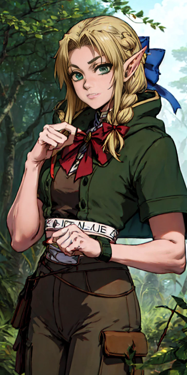 masterpiece, detailed, character, dungeons and dragons character, 1girl, elf girl, elf ranger, ((elf hunter)), arrow quiver, aiming, hunting pose, have arrows, elf bow, (have (hunting bow:1.35) in hands:1.1), (golden blonde) medium-short hair, (hair braid), cute face, detailed face, detailed eyes, green eyes, (wearing fantasy (forest elf (hunter outfit)), brown pants, green jacket, cool croptop, outfit with cape and hood), ((simple background, grey color background))