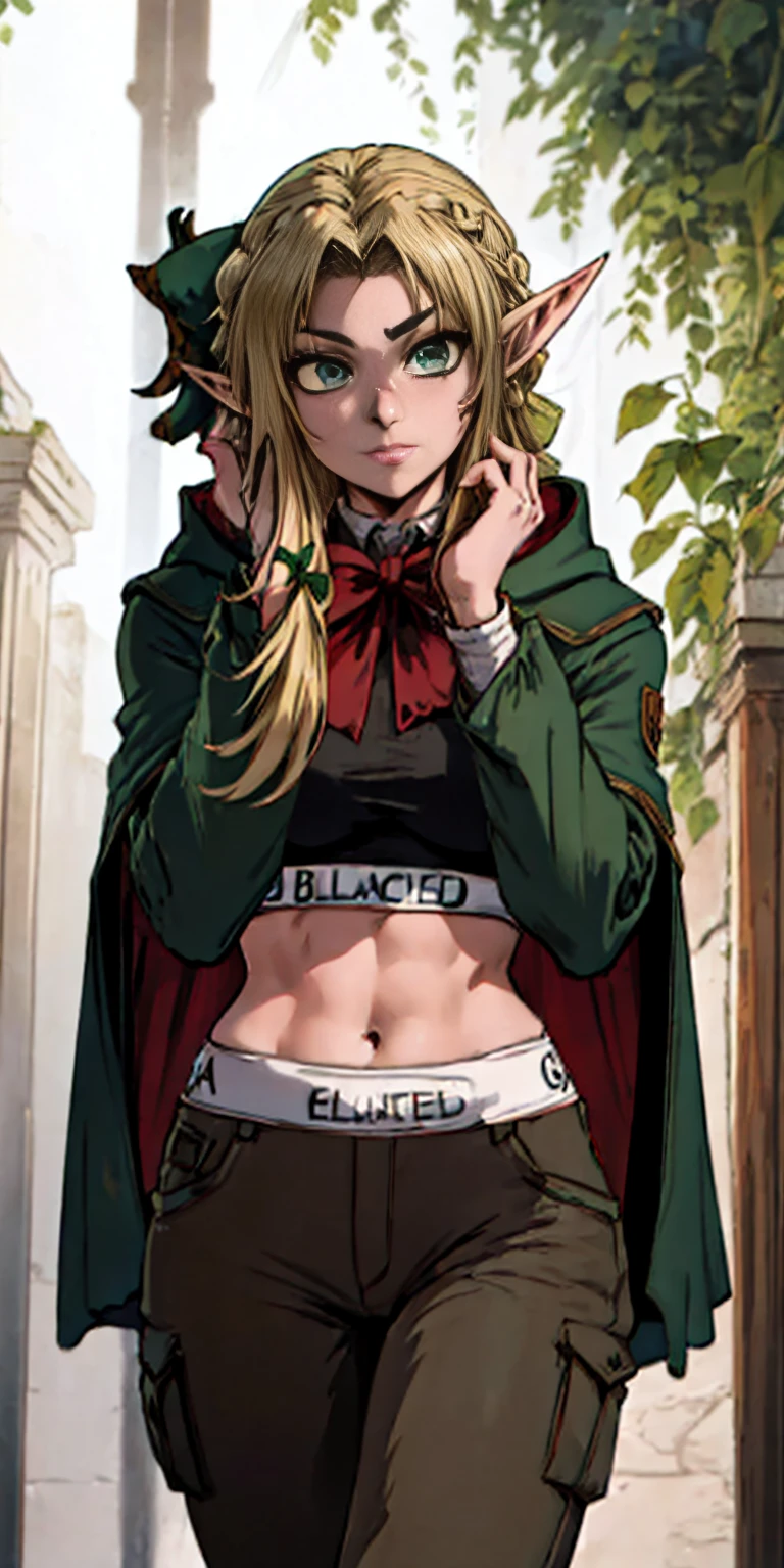 masterpiece, detailed, character, dungeons and dragons character, 1girl, elf girl, elf ranger, ((elf hunter)), arrow quiver, aiming, hunting pose, have arrows, elf bow, (have (hunting bow:1.35) in hands:1.1), (golden blonde) medium-short hair, (hair braid), cute face, detailed face, detailed eyes, green eyes, (wearing fantasy (forest elf (hunter outfit)), brown pants, green jacket, cool croptop, outfit with cape and hood), ((simple background, grey color background))