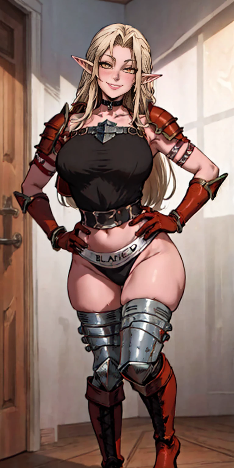 ((orange background)) 1solo white SKIN elf, long hair, white hair, yellow eyes, full body, female soldier standing on black background looking at viewer wearing armor and a pair of militar brown boots (breastplate, shiny, armor, thigh highs, high boots, shoulder armor, faulds, poleyn, gloves, gauntlets, bracers, choker leather collar) WRIST HANDCUFFS, smile, red cheeks, lustful smirking smile face red blushed red cheeks, HANDS ON HIPS clenching fist