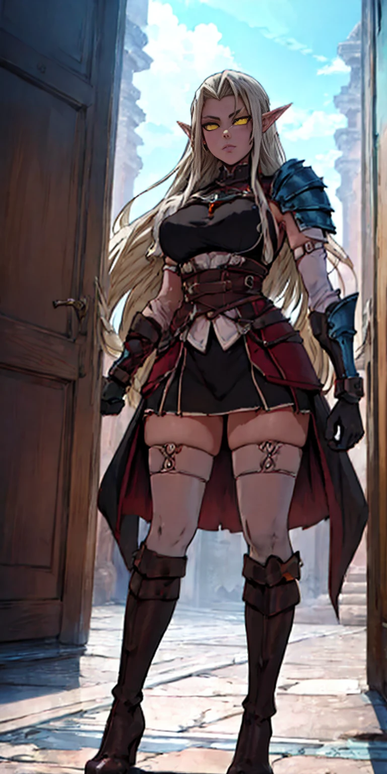 masterpiece, best quality, high quality, 1solo white SKIN elf, long hair, white hair, yellow eyes, full body, breastplate, looking at viewer, shiny, armor, thigh highs, high boots, shoulder armor, faulds, poleyn, gloves, gauntlets