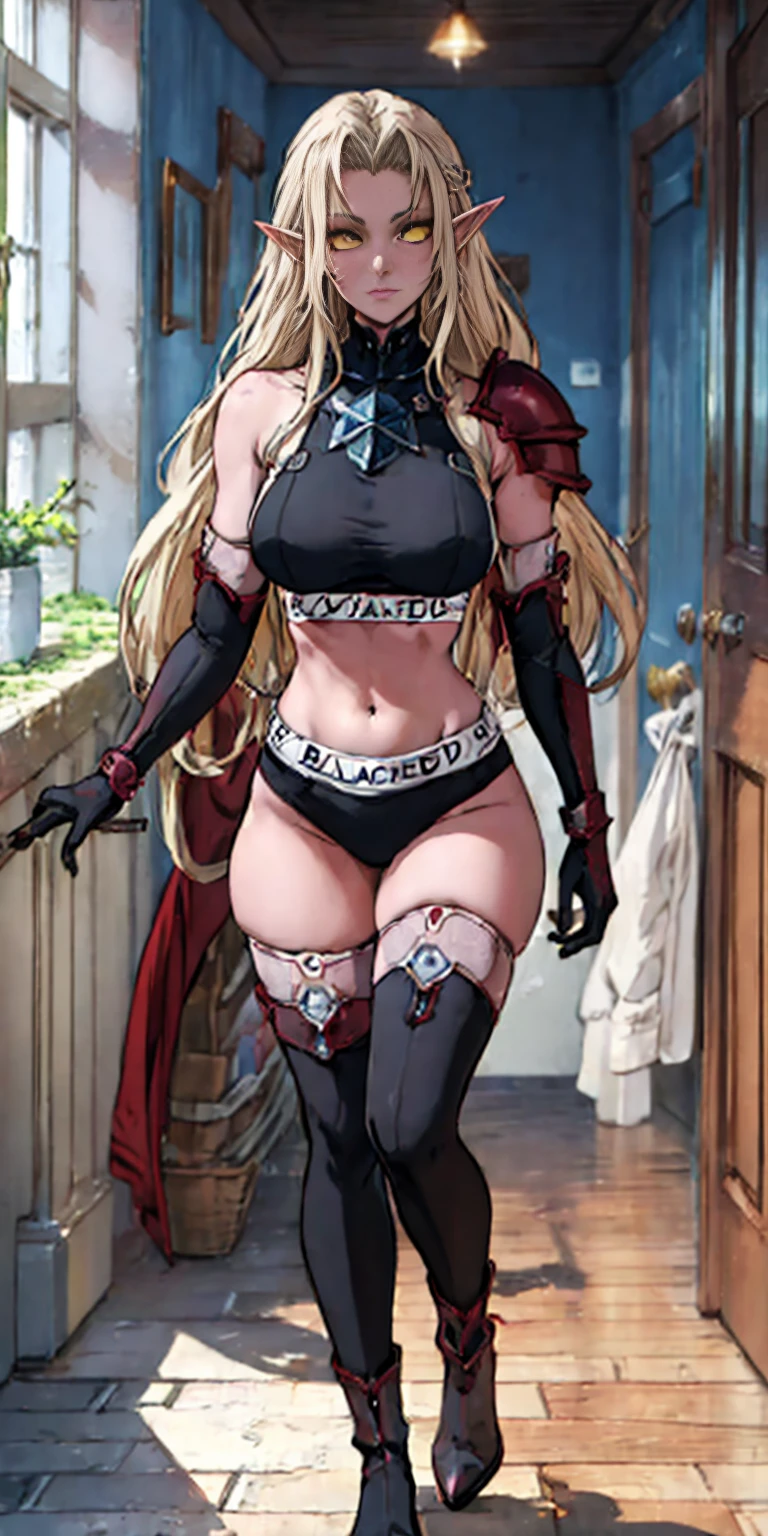 masterpiece, best quality, high quality, 1solo white SKIN elf, long hair, white hair, yellow eyes, full body, breastplate, looking at viewer, shiny, armor, thigh highs, high boots, shoulder armor, faulds, poleyn, gloves, gauntlets