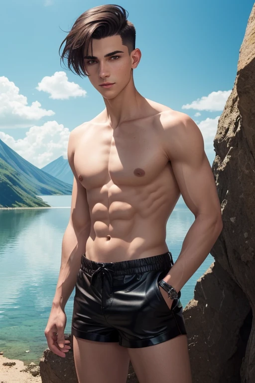 A happy young man with an undercut in a fantasy setting. An adventurer and ranger. Very androgynous looking. In a good mood. Shirtless smooth skinny chest. Androgynous. Slim body. Very . Thin waist, Face: Extremly pale skin with liverspots and freckles. Soft narrow face with a round chin. Soft small jaw. Big forehead. Upturned big dark-brown eyes. Dark-brown eyecolour. Very long and wide nose. Big curved lips. Very short dark-brown hair. A boyish face. short haircut Undercut. Sides shaved. A tight fantasy leather shorts of a lonley ranger. Background: Wide colourful plains. A big lake. Shiny blue sky. Wonderful weather.