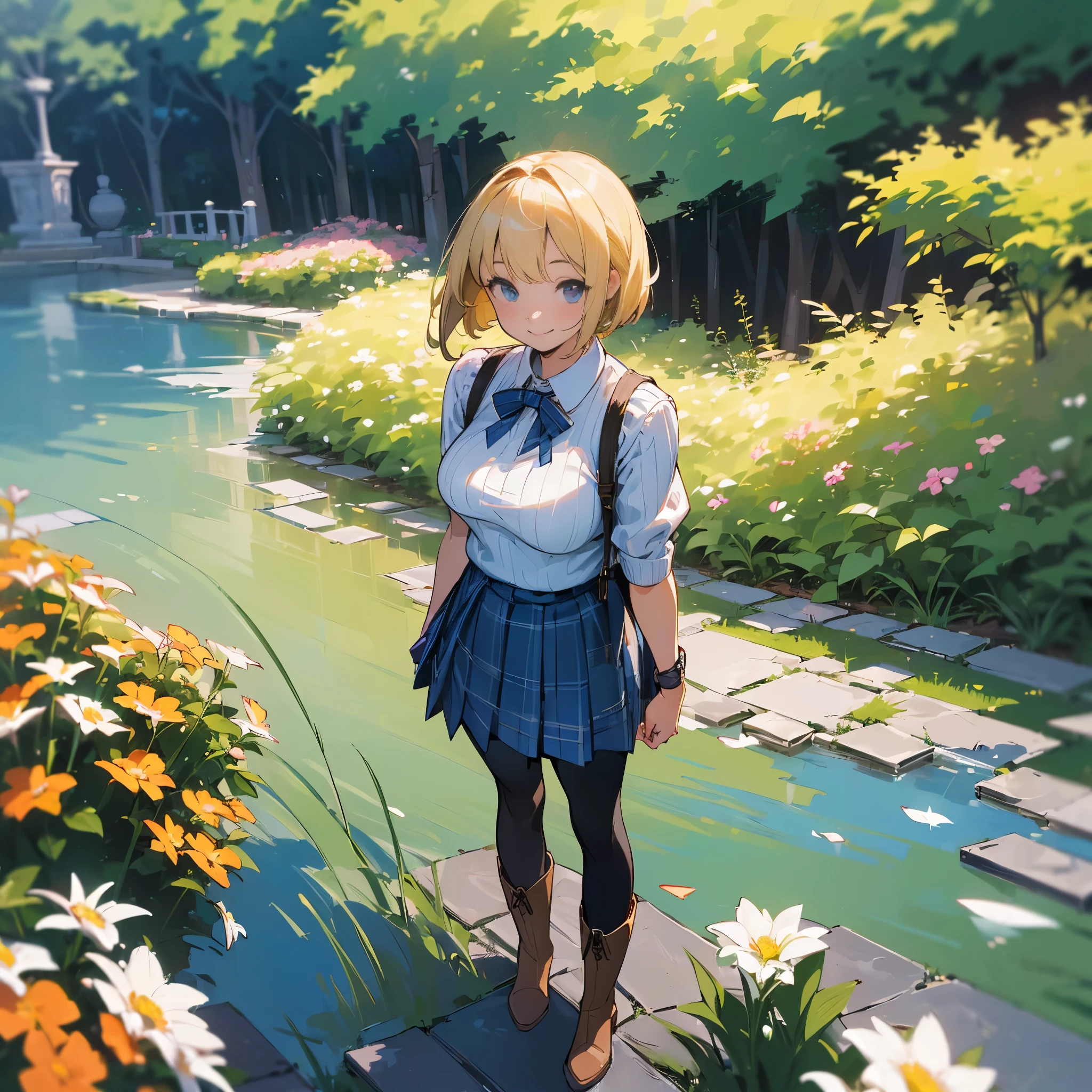 (high quality, High resolution, Super detailed, reality:1.37), peaceful atmosphere, (outdoor, garden), teenage girl standing alone, (my breasts are big.), Beautiful detail features, cute smile, (blonde bob hair), ribbed sweater, blue plaid skirt, black tights, brown boots.