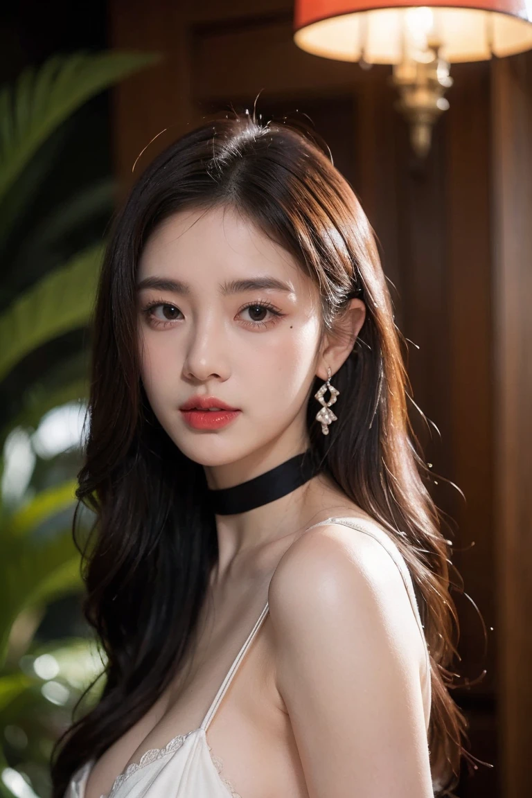 a korean woman in a black sheered robe posing for a picture, wearing edgTemptation , indoors, luxurious hotel, night, plants,smile, mixed Korean, background blur, focus, professional photography, dynamic angle shot, film grain, bokeh, ray tracing, dynamic lighting, tilt camera, from front shot, lens flare,
(((masterpiece))), ((best quality)), NSFW, ((intricate detailed)), ((realistic)), (50mm Sigma f/1.4 ZEISS lens, F1.4, 1/800s, ISO 100, photograpy:1.1), perspective,milf, mature woman, highly detailed, illustration, 1girl, big breasts, beautiful detailed eyes,long hair, bang, brown hair, brown eyes, black choker, earrings, detailed background, perfect eyes, seductive eyes, looking at the viewer, from front
