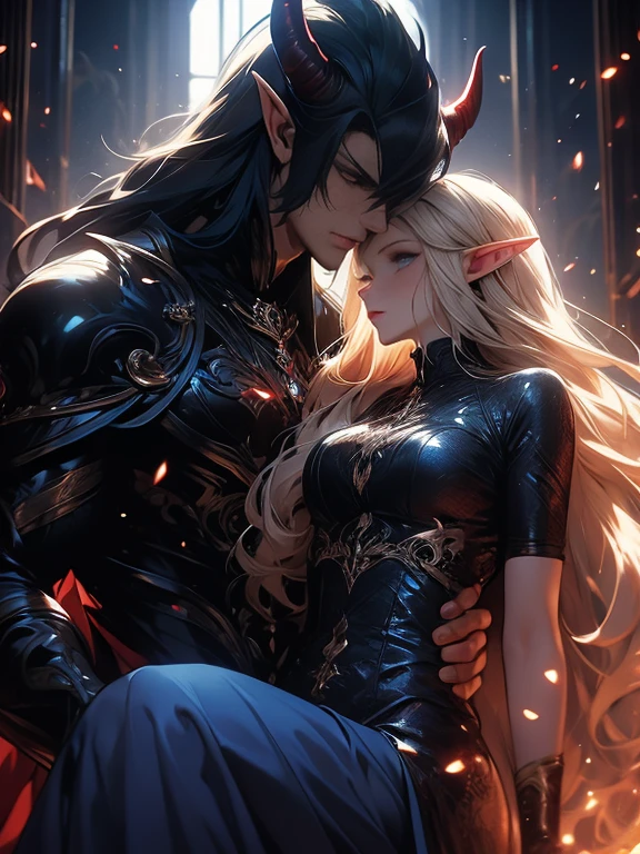 female adult elf with darkblonde hair, and a male elf dark blue long hair and demon horns male with dark blue hair and demon horns having sex, sex, dominant male