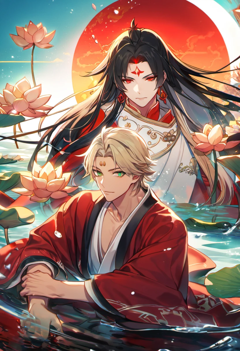 (absurdres, highres, ultra detailed, HDR), master piece, best quality, vibrant red eyes, Asura, black long hair, no bangs, tanned skin, red haori with black, red mark on the forehead, Onmyoji, Taishakuten, short ash blond hair, hair between the eyes, white tunic with golden, vibrant green eyes, 2 gay men together, handsome, water, lotus