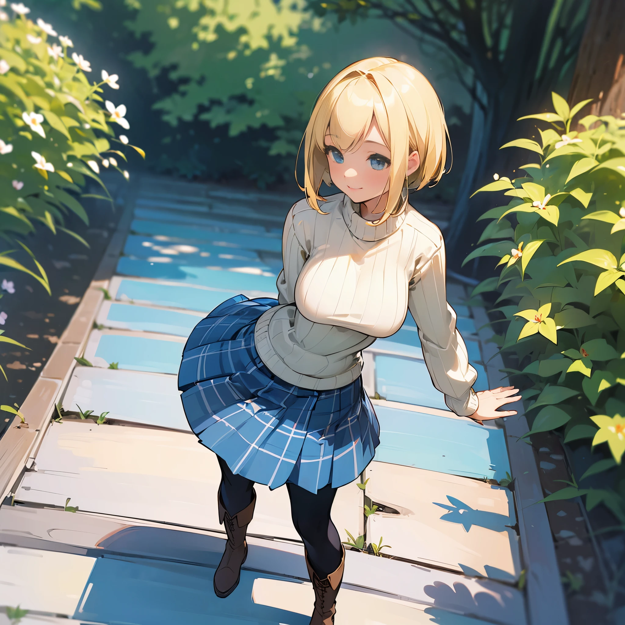 (high quality, High resolution, Super detailed, reality:1.37), peaceful atmosphere, (outdoor, garden), teenage girl standing alone, (my breasts are big.), Beautiful detail features, cute smile, (blonde bob hair), ribbed sweater, blue plaid skirt, black tights, brown boots.