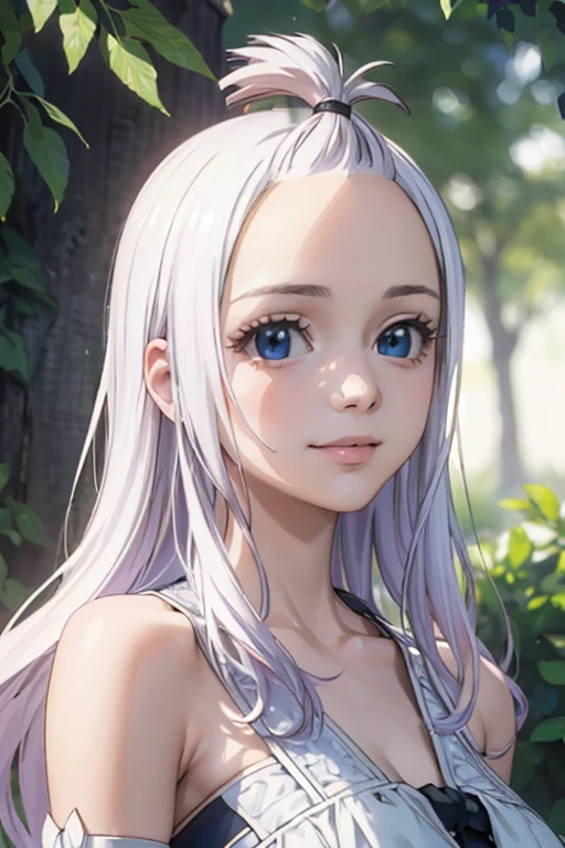 ultra realistic 8k cg, masterpiece, ((ultra detailed background, delicate pattern, intricate detail)), (highly detailed, fine details), best quality, 1girl, (photorealistic:1.4),beautiful lighting, absurdres, RAW photo, film grain,  Mirajane Strauss with a beautiful smile and dark blue eyes at a picnic wearing a simple white dress 