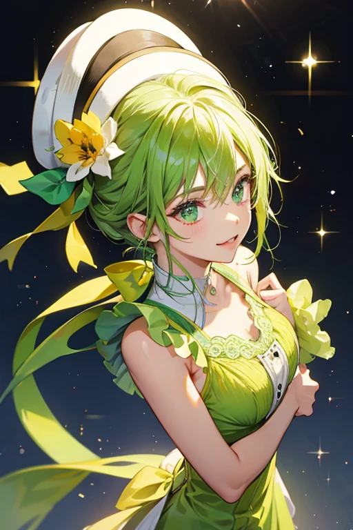 (naked:0.5 body paint style), (((in a beautiful Body Paint Art is Lilium japonicum Houtt))) (solo ponytail green hair long hair cute girl, (()), cute yellow eyes, cute smile), perfect anatomy, masterpiece, best quality, 16k.