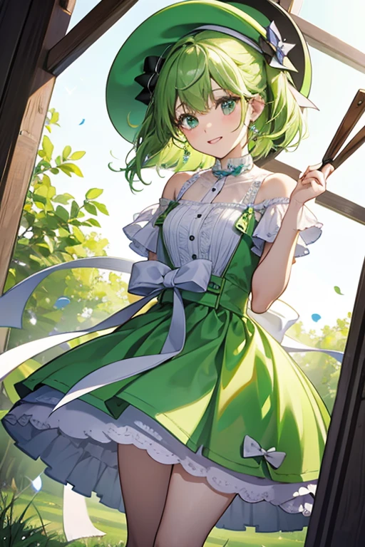 Cloche is a levitating lime green colored cloche hat with a yellowish green ribbon around the outside, tied at the back. She uses the end of the ribbon as an arm. SPARKLE; GLITTER